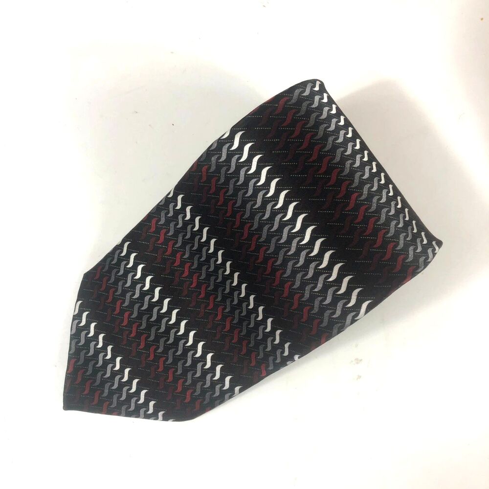 Croft & Barrow Men's Black Red Gray Wave Geometric Pattern Silk Neck Tie
